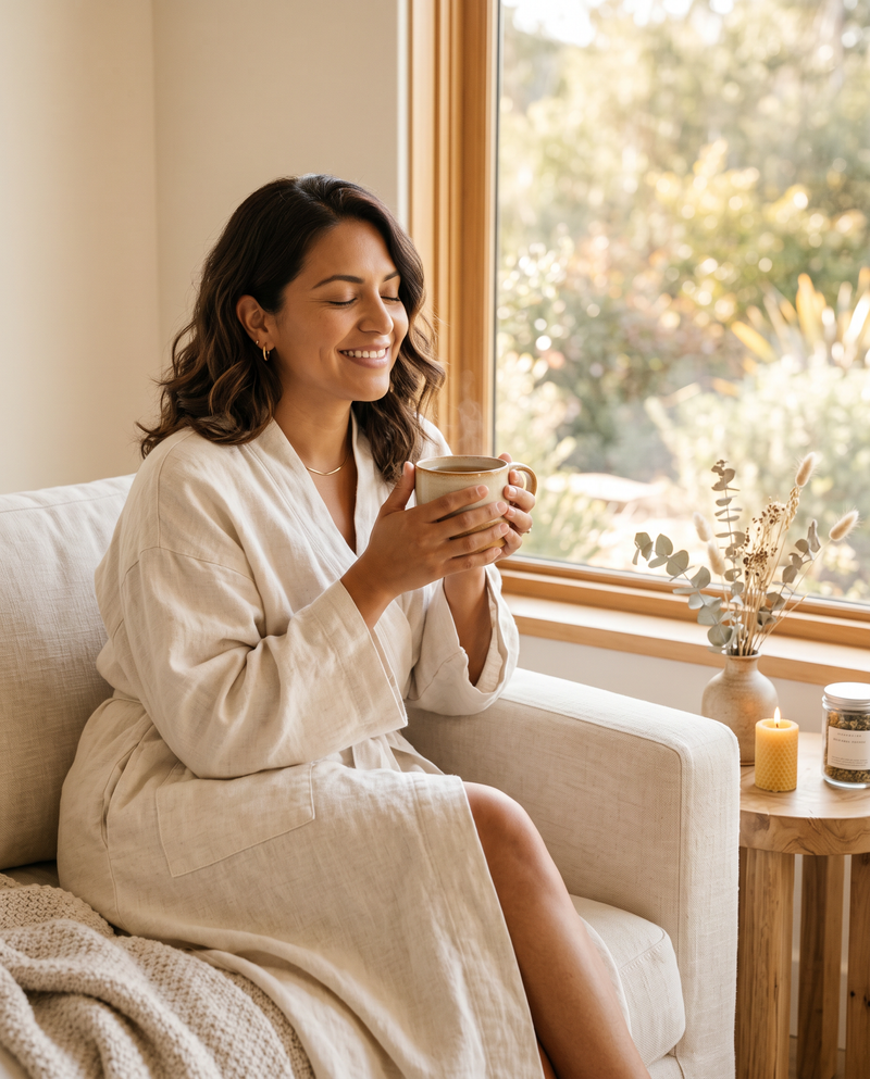 Mujer latina disfrutando de una taza de te natural